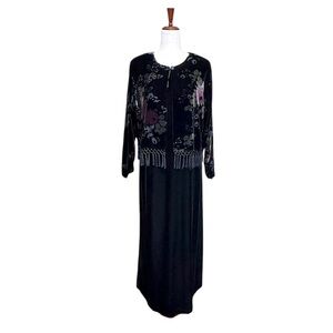 Carol Anderson Vintage Tank Maxi Dress w/Fringe Jacket Black Floral Size L #1815